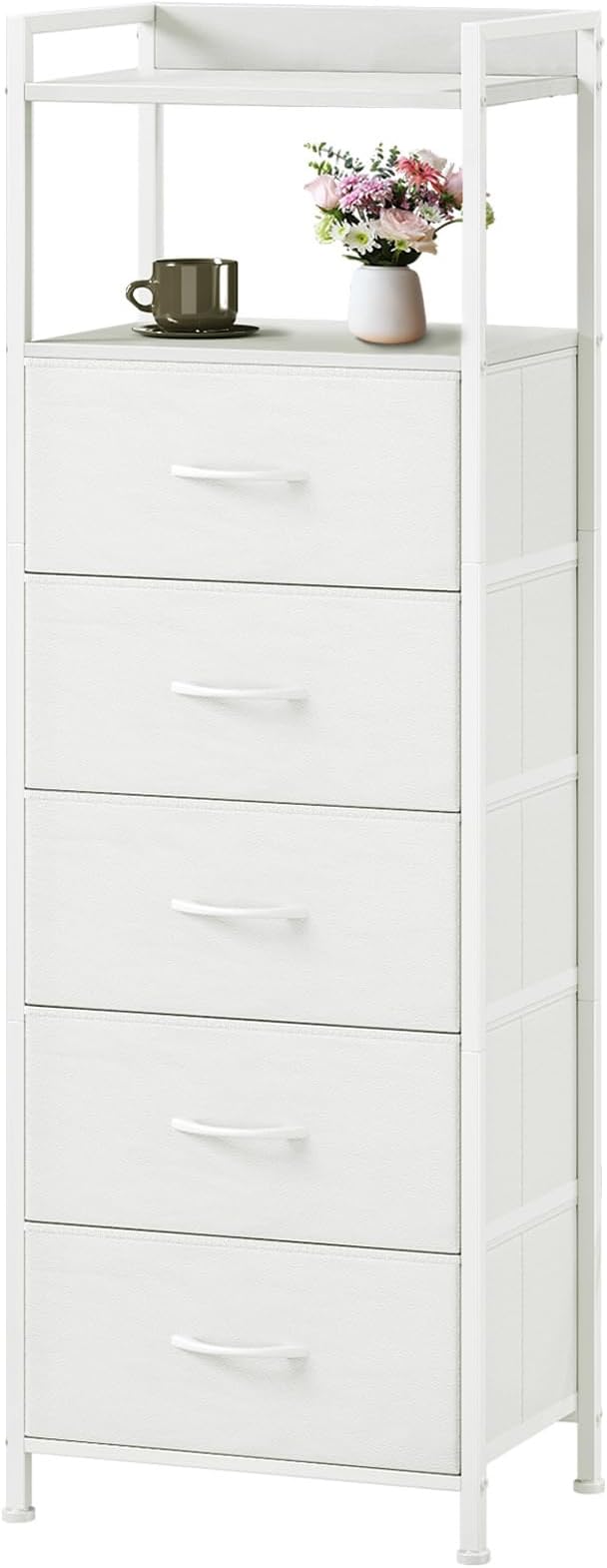 Somdot Tall Dresser for Bedroom, 5 Drawers Nightstand Vertical Storage Tower Unit, Night Stand Furniture with Fabric Drawer Organizer in Bedside Hallway, Entryway, Kids Room, Closet, White Leather
