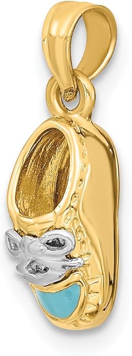 14k Yellow Gold Light Blue Enamel Shoe Charm, Two Tone Bow Pendant | light blue enamel, rhodium accents, polished 3D shoe, 14.5 mm length with bail