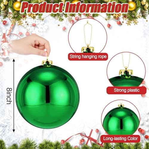Wettarn 6 Pcs Extra Large Christmas Ball Ornaments 8'' Shatterproof, Green