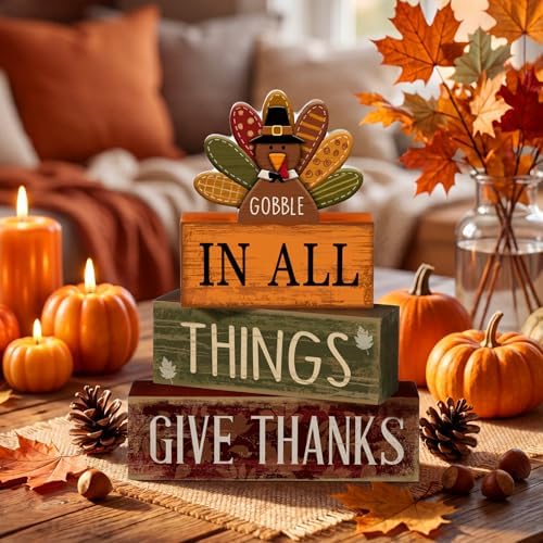 Moucuny 4 Pcs Thanksgiving Table Decoration Gobble Turkey Wooden Block Sign