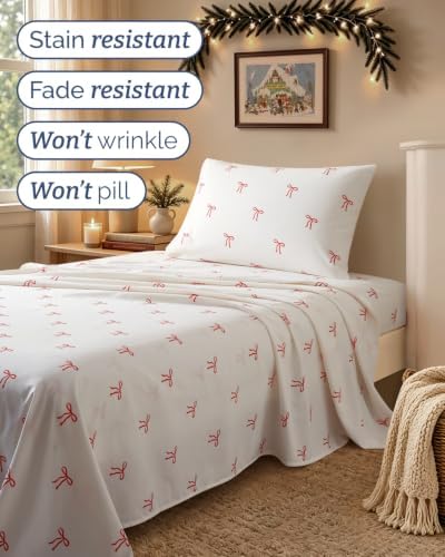 Christmas Sheet Set, Dainty Red Bows, Holiday Xmas Bedding Set - Twin XL