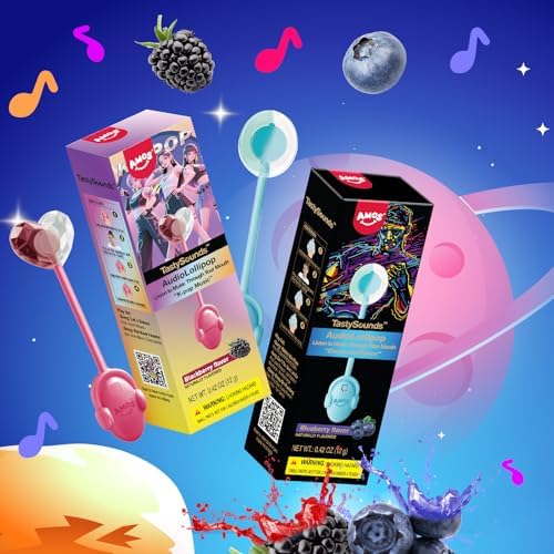 AMOS TastySounds Audio Lollipop 2-Pack Combo - Blackberry & Blueberry Flavors, Bone Conduction Music Candy with Earbud Design