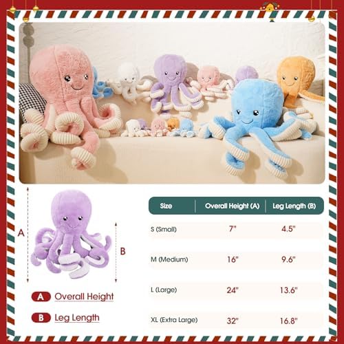 DENTRUN Octopus Plush Toy, Cute Stuffed Animal in 5 Colors 4 Sizes for Gift