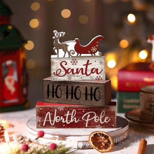 Moucuny 4 Pcs Christmas Wooden Block Signs Santa Reindeer Farmhouse Decor