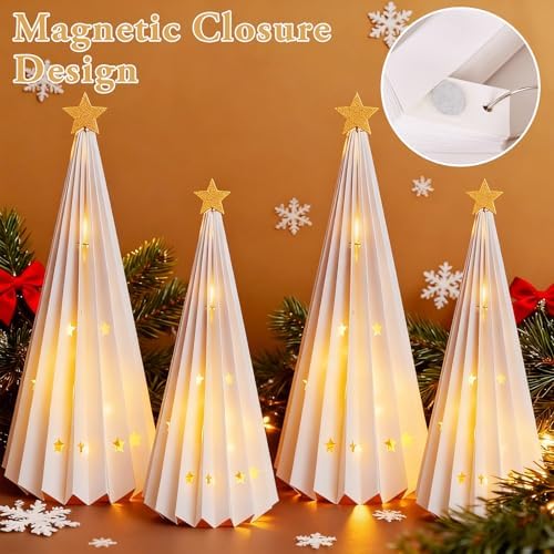 4PCS White Paper Christmas Trees 3D Christmas Tree Tabletop Centerpiece Decorations with Gold Star Tree Topper Light Up Vintage Table Centerpieces for Xmas Winter Wonderland Holiday Home Party