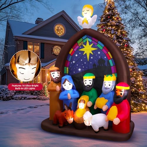 8FT Christmas Inflatables Nativity Scene Outdoor Decorations with LED Lights, Large Christmas Jesus Blow Up Yard Decorations Nativity Sets for Garden Lawn Church Display Xmas Decor