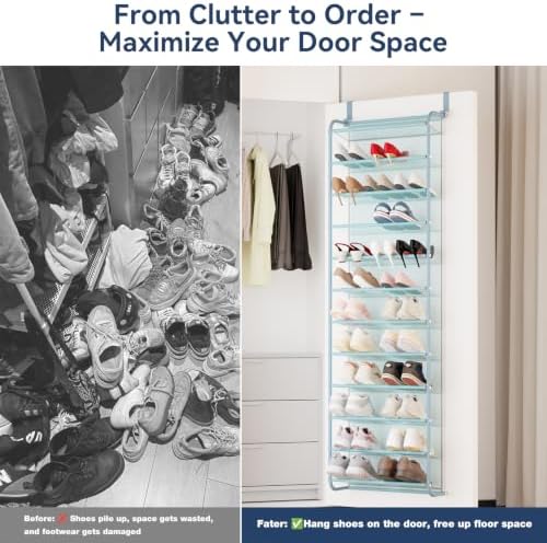 Whitmor 36 Pair Over the Door Shoe Rack,12 Tier Hanging Shoe Organizer with Metal Frame & Mesh shelves, Heavy Duty Shoe Storage Holder for Door,No Drill Installation, 74" H x 21.7" W x 7.5" D, Blue