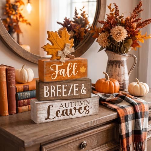 Lineshading 4 Pcs Wooden Fall Block Signs Farmhouse Tabletop Decor