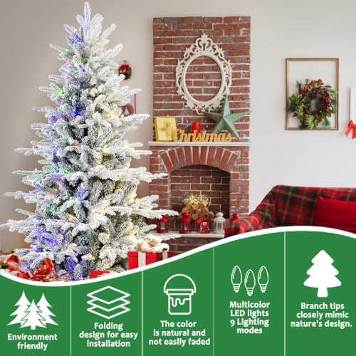 YUNKE 8FT Prelit Flocked Christmas Tree with Fluffy Tips & 9 Lighting Modes