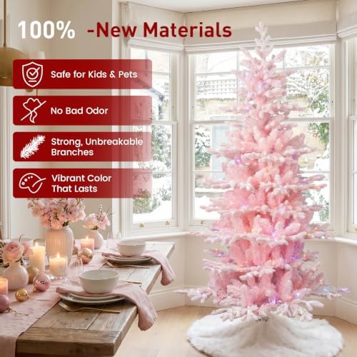 Glitzhome 6ft Prelit Artificial Christmas Tree, Slim Pink Frostfall Fir Xmas Tree with 260 Warm White & Multi-Color Lights, 1,056 PE&PVC Tips, Flocked Christmas Tree for Indoor Holiday Spaces