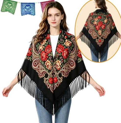 4-Pc Day of the Dead Costume, Mexican Shawl, Sugar Skull Mask, Fan & Gloves