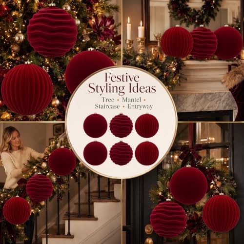 Hollowfly 6 pcs 8 Inch Burgundy Red Large Velvet Christmas Balls Ornaments