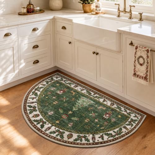 Engiw Christmas Rug 2x3 Half-Circle Area Rug, Washable Non-Slip, Soft Low Pile Carpet, Christmas Decorations for Living Room, Bedroom, Kitchen, Hallway, Entryway and Under Christmas Tree