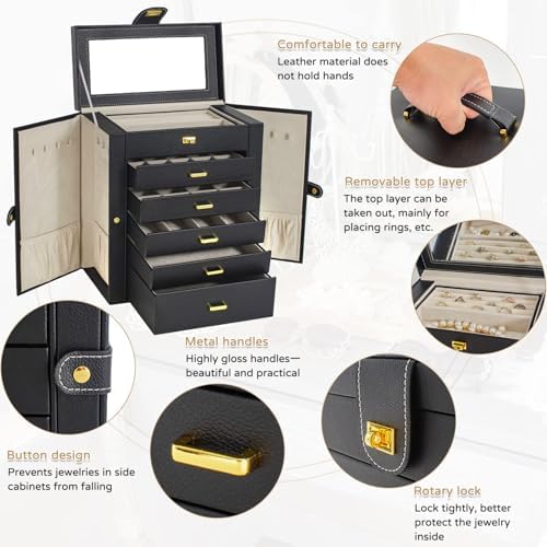 AKOZLIN 6-Tier Jewelry Box Organizer 5 Drawers Storage Extra Large Black
