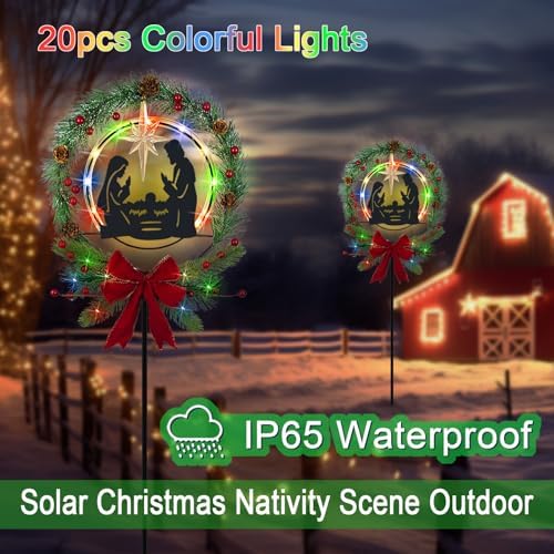 Nativity Scene Outdoor,Multi Colorful Solar Lights Christmas Garden Stakes
