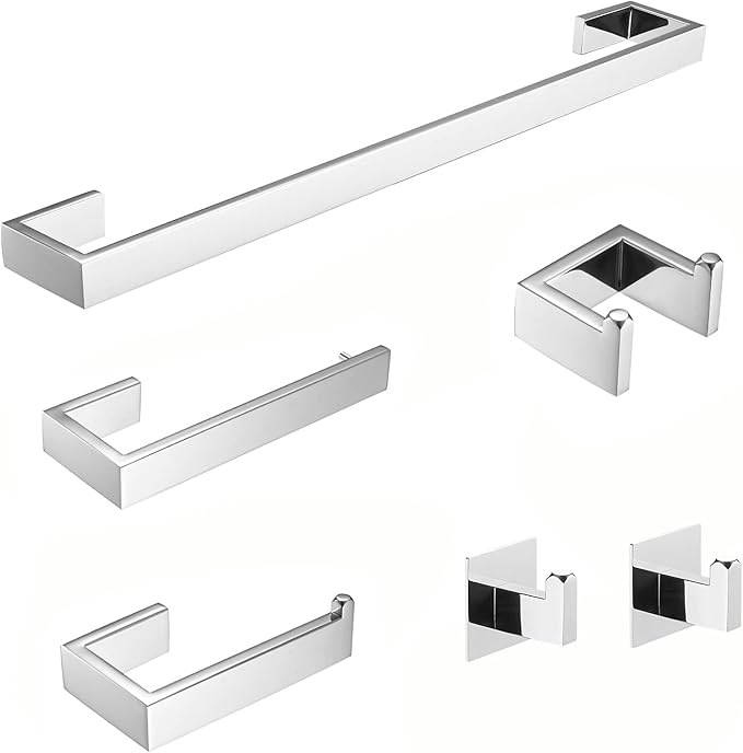 Fapully 23.6-Inch 6 Piece Bathroom Hardware Accessories Set Stainless Steel Wall Mounted Chrome Include Towel Bar,Hand Towel Holder,Toilet Paper Holder,Robe Towel Hook,Coat Hook,Towel bar Set.