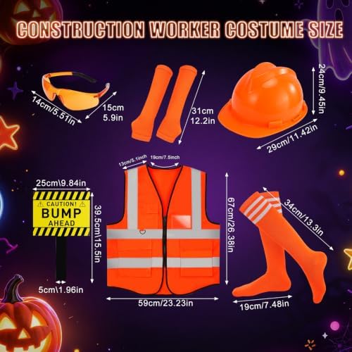 Neon Construction Worker Costume, Reflective Vest Costume Hat Glasses