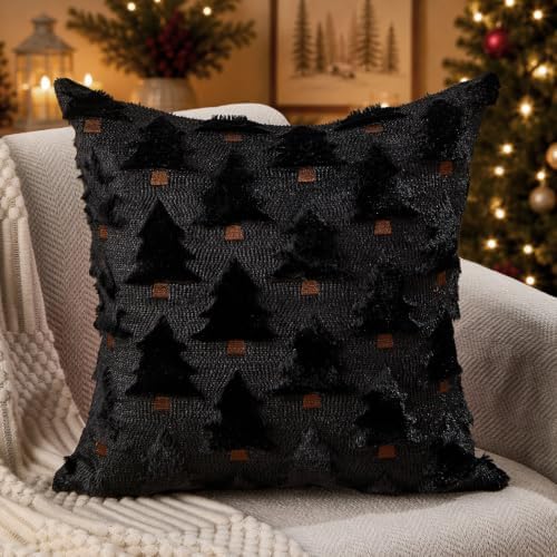 Allorry Christmas Pillow Covers 20x20 inch Set of 2 Black Christmas Decorations Soft Plush Faux Fur Wool Christmas Tree Throw Pillow Cases Winter Holiday Decor for Sofa Living Room PT002J20