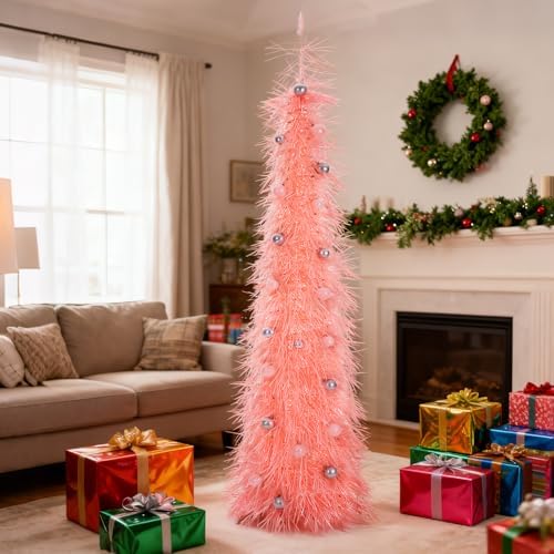 Christmas Tree 6FT Artificial Xmas Decor Pop Up with Decoration Pink