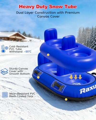 Raxurt 2 Person Heavy Duty Snow Tube, Snow Sled with Dual Backrests