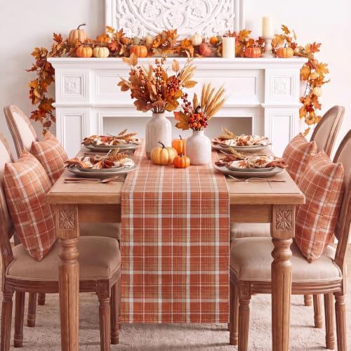 Softalker Fall Checkered Tartan Table Runner, Orange, 13 x 48 Inch