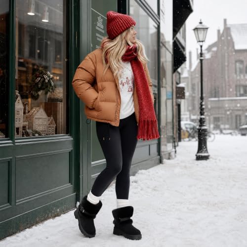 Furry Winter Boots for Women Block Heels Platform Buckle Slip On