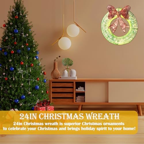 Ogrmar 24in Lighted Christmas Wreath Decoration Metal LED Lighted Wreaths