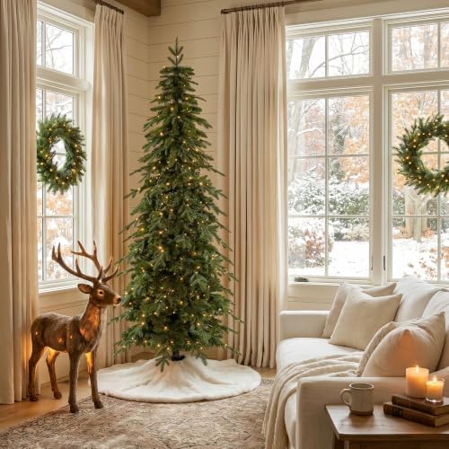 Glitzhome Prelit Christmas Tree, 7.5ft Pencil Artificial Christmas Tree with 350 Warm White & Multi-Color LED Lights, Chicago Evergreen Spruce with 1,498 PE/PVC Tips for Home Holiday Décor