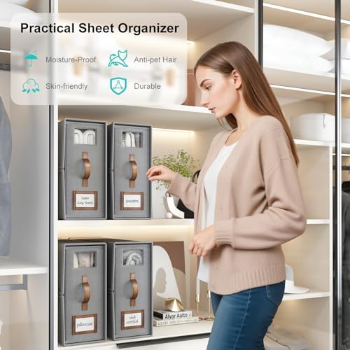 6 Pack Bed Sheets Organizers And Storage,Sheets Set Folder Keeper with Handle,Foldable Bedding Storage Box For Linen Closet,Duvet Cover(Cal King Size-5.2 Gal,Gray)