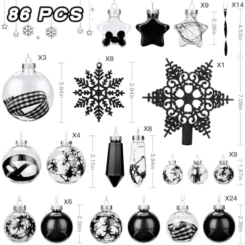 SHareconn 86PCS Christmas Tree Decorations Ornaments Ball Set, Non Breakable Plastic Clear Baubles for Xmas Tree Decor Holiday Wedding Party, Black