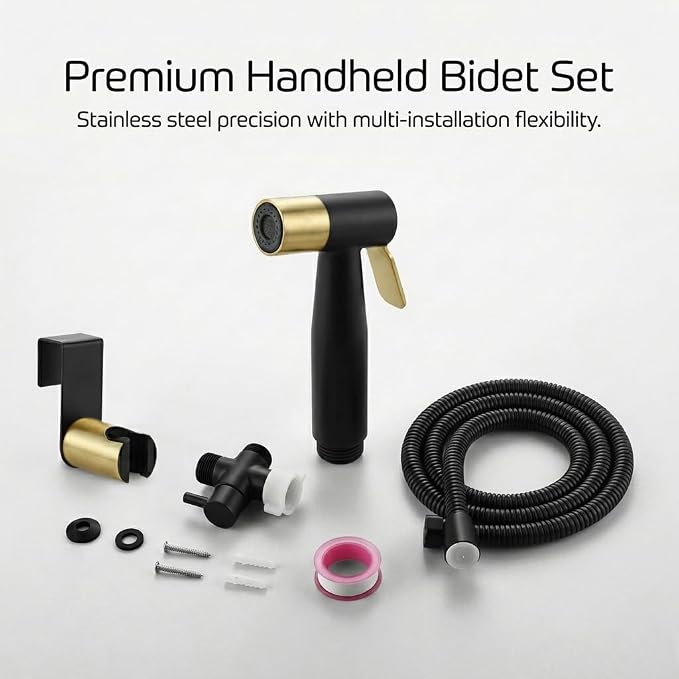 BARROCK Handheld Bidet Sprayer for Toilet, Stainless Steel Metal Made Baby Cloth Diaper Spraying Kit, Bathroom Toilet Bidet Attachment Set for Bathing Pets and Feminine Washing,Matte Black and Gold