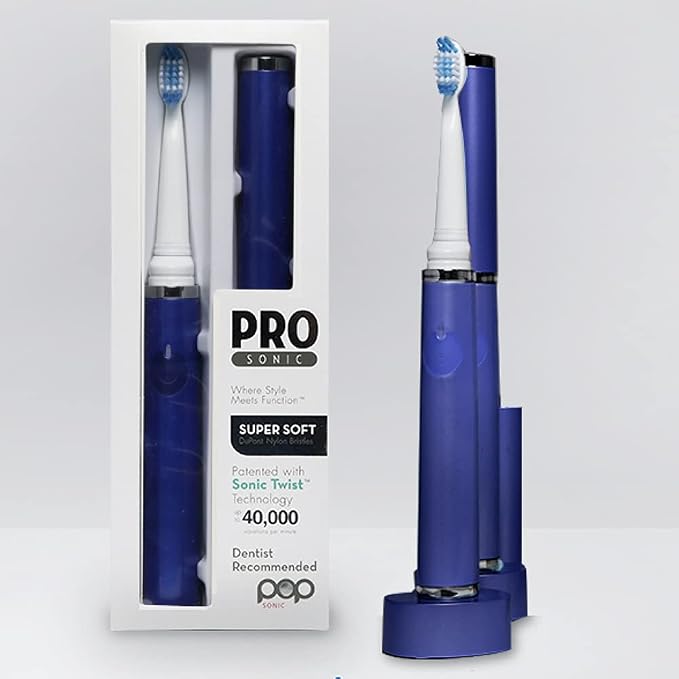 Pop Sonic Ultimate Pro Rechargeable Toothbrush (Navy) - 40,000 Strokes/Min, Dupont Nylon Bristles, Quadrant Pacer & Timer for Teens & Adults