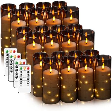 Flameless LED Candles with Timer 24 Pc Flickering Flameless Candles for Romantic Ambiance and Home Decoration Stable Acrylic Shell,with Embedded Star String，Battery Operated Candles（Grey）