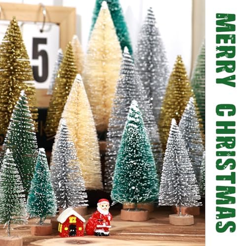 30Pcs Mini Christmas Trees Artificial Christmas Tree Bottle Brush Trees with Wooden Base for Decor Christmas Party Home Table Craft Decorations(Multicolor)