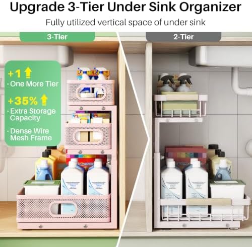 Kitstorack Under Sink Organizer, 2-Pack 3-Tier Height Adjustable Thickened Metal Pull out Cabinet Organizer Shelf, Slide out Storage Drawer Rack for Bathroom Kitchen Pantry Home Organization, Pink