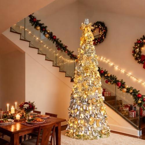 VINGLI 7ft Pre Lit Pop Up Christmas Tree w/ 170 Lights, Fully Decorated Flocked Pencil Christmas Tree, Collapsible Xmas Tree for Holiday Party Decorations, Gold
