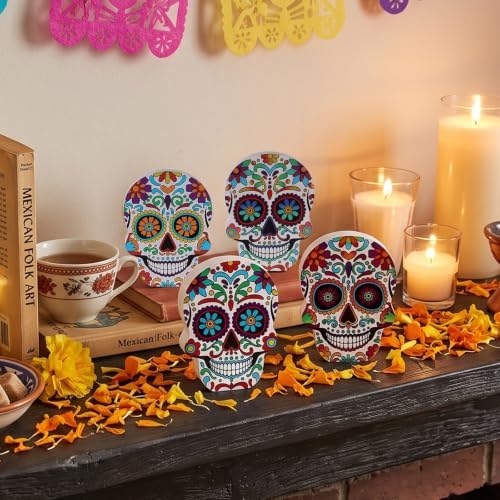 DECSPAS Day of the Dead Decor, 4 PCs Wood Block Sugar Skulls Dia De Los Muertos Decorations, Wooden Skeleton Tiered Tray Decor for Altar, Ofrenda, Home, Table, Mantle, Mexican Fiesta