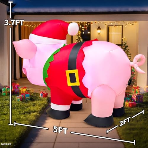 5FT Christmas Inflatables Outdoor Decorations Pig Blow up Yard Décor