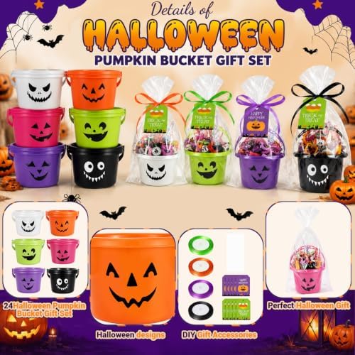 Halloween Plastic Pumpkin Candy Buckets Gift Set,24-Pcs(6 Colors)