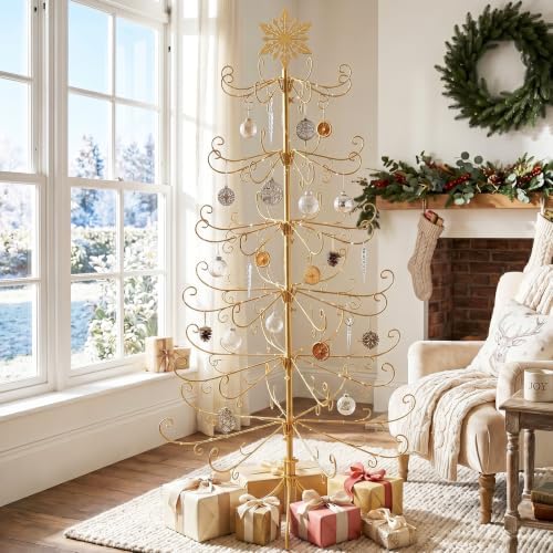 6 Ft Metal Christmas Tree Stand with Snowflake Top, Wrought Ironwork, Gold