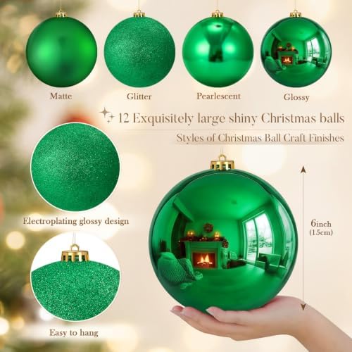 Jenaai 12 Pcs Large Green Christmas Ball Ornaments, 6 Inch Big Oversized Shatterproof Christmas Tree Decorations Matte Glitter Giant Jumbo Plastic Hanging Baubles for Xmas Holiday Party Indoor Outdoor