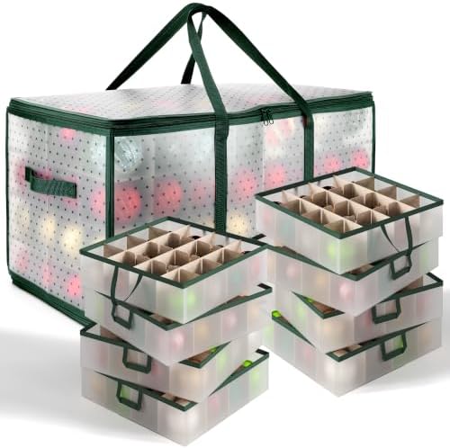 Hearth & Harbor Christmas Ornament Storage Box With 8 Inner Tray Dividers - Plastic Ornament Storage Container For 128 Holiday Ornaments or Decorations - Green
