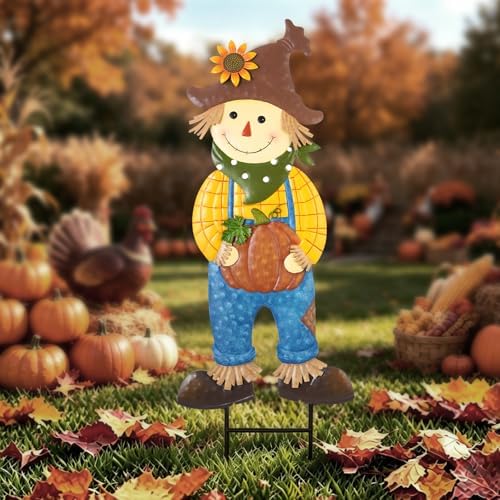 BRIGHTDECK Outdoor Fall Scarecrow Metal Stakes Decorations Autumn Yard Sign