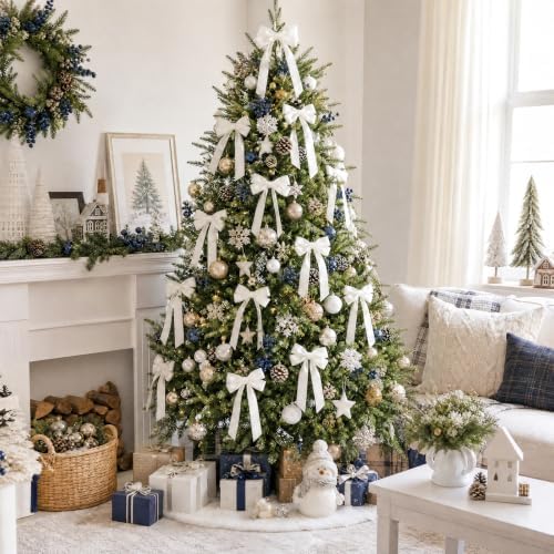 12Pcs White Velvet Ribbon Bows Christmas Tree Decorations,5in x 10in Xmas Ornaments for Tree Home Party Front Door Wreath Garland Holiday Decor