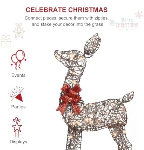 HOYECHI 5ft Light Up Reindeer Outdoor Christmas Decorations -3 Piece Rattan Deer Family Set with 160 Warm White LED Lights, Large Christmas Garden Decor for Lawn, Front Garden, Patio and Drivewa
