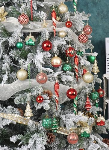 124Ct Red Green and Gold Christmas Ornaments Set, Luxury Shatterproof Assorted Christmas Decorations for Xmas Tree Snowflake Icicle House Ball Ornaments Baubles for Holiday Decor（Red Green Gold）