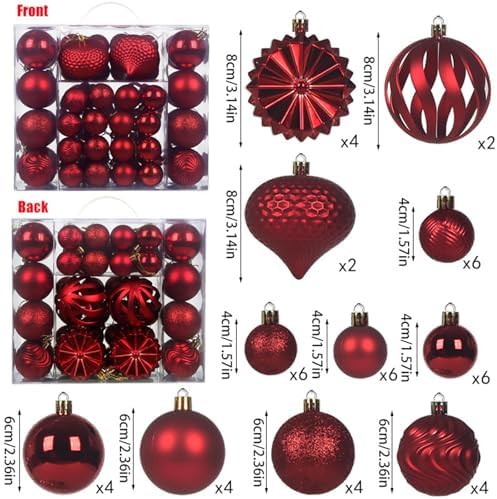 Christmas Tree Balls Ornaments Set, 48 Pcs Shatterproof Plastic Decorative Baubles Shiny Hanging Ball Ornaments for Xmas Tree Holiday Party Wedding Decoration, Red