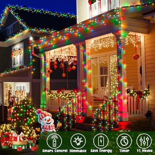 Hezbjiti 1000 LED 403FT Christmas Lights Outdoor 11 Modes Color Changing String Lights with Timer Memor Waterproof Fairy Lights for Party Tree Yard Porch Wedding (Multicolor to Warm White, Clear Wire)