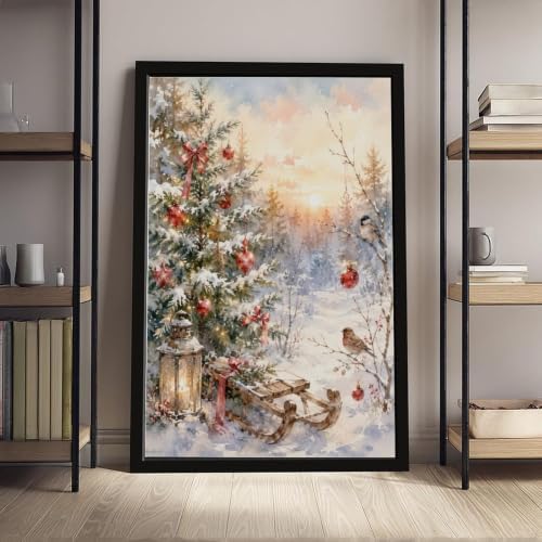 Snowy Christmas Tree Canvas Wall Art Winter Sled Birds Decor Black Frame