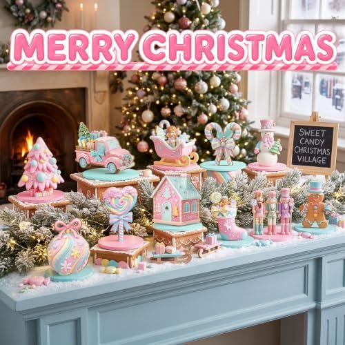 Leinuosen 12 Pcs Christmas Table Decoration Pastel Christmas Tiered Tray Decor Pink Wooden Gingerbread Candy Centerpieces Nutcracker Truck Snowman Signs for Xmas Gift Home Kitchen Coffee Bar Shelf
